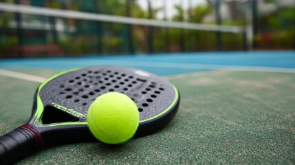 A padel racket rests on the court while a vibrant yellow ball sits beside it. The outdoor setting is perfect for friendly matches