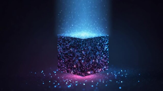 Glowing cube made of particles emitting a beam of light, with dark background