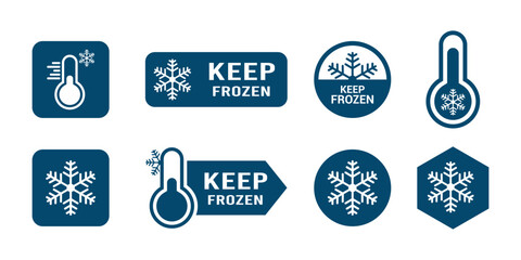 Keep frozen food vector labels. frozen ice icons for refrigerated food packaging design. Blue snowflake flat icon symbols for packages, stickers, web, Stickers with thermometer for cold temperature.