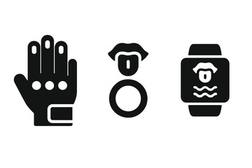 Wearable Tasting Devices. Solid style icons of wearable tasting devices: sensory glove for tasting, fingertip feedback ring, wrist