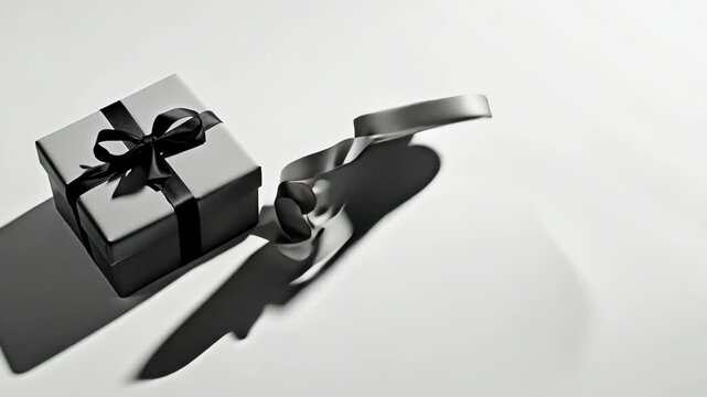 A minimalist, high-contrast image of a gift box wrapped in sleek black ribbon against a plain white background, ideal for conveying themes of elegance, celebration, or gifting for holidays and special