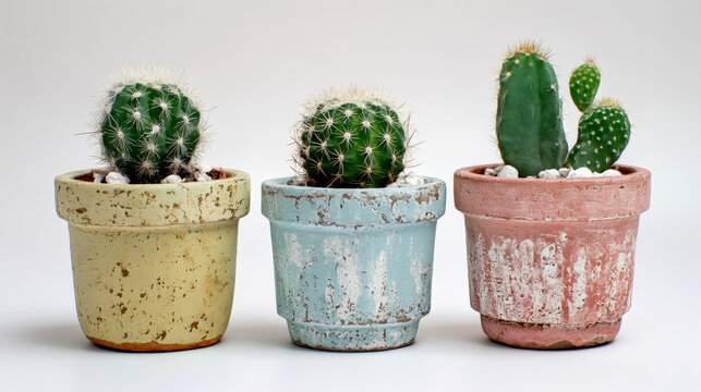Three cactus pots in soft colors display various types of cacti, highlighting their unique shapes and the contrasting textures of the pots