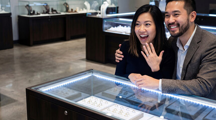 A happy Japanese couple in a jewelry store; the woman is delighted and shows off the magnificent ring her husband gave her
