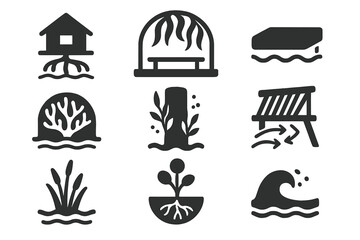 Aquatic Bio-Architecture Icons. Solid style icons of aquatic bio-architecture: floating mangrove house, kelp-structure canopy,