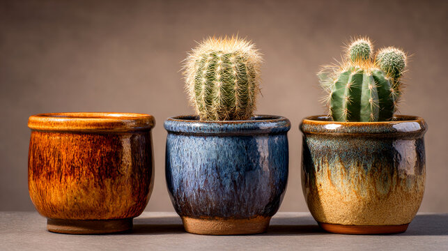 Three colorful cactus pots showcase unique designs and textures, highlighting the beauty of the cacti within them against a neutral background