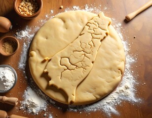 Dough cookie cut in the shape of California on wooden table with ingredients and rolling pin