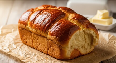 Golden loaf of freshly baked brioche bread on rustic paper