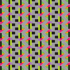 Vivid contemporary geometric pattern with neon-inspired blocks, layered stripes, angular symmetry, and dotted textures forming an energetic seamless repeat perfect for fashion textiles and digital art