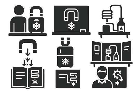 Educational Demo Icons. Solid style icons of educational demonstrations: student with MCE demo, chalkboard magnet cooler sketch,