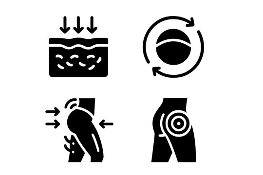 Anti-Cellulite Icons. Solid style icons of anti-cellulite air massage: dimple reduction glyph, skin-smooth ring, deep air knead