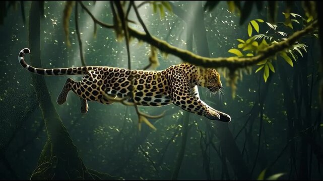 Leopard mid-leap through lush sun-dappled jungle