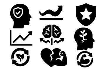 Behavioral Resilience Icons. Solid style icons of behavioral resilience: mindset shield icon, emotional bounce-back wave, personal