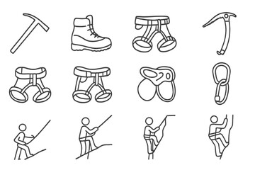 Beginner vs Expert Gear Icons. Line style icons of beginner vs expert gear: basic axe vs technical tool, single layer boots vs