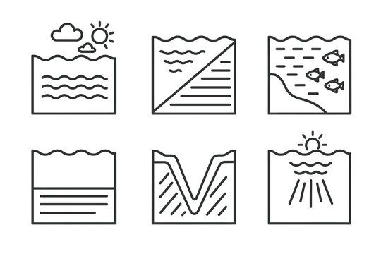 Ocean Layer Diagrams. Line style icons of ocean layers: surface layer diagram, thermocline icon, deep sea zone, abyssal plain