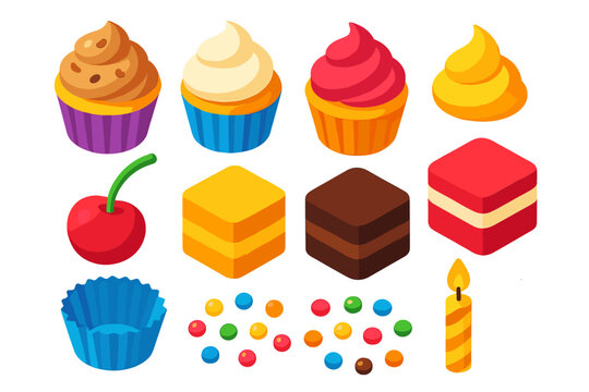 Dessert Delights Collection. Isometric vector illustration set Ice cream and desserts – cupcake set, frosting swirl, cherry top; - Powered by Adobe