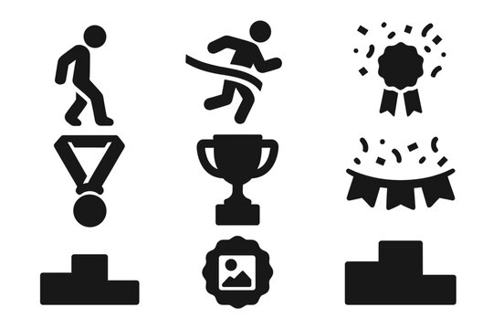 Reverse Celebration Icons. Solid style icons of finish celebration in reverse: runner moonwalking pose, backward tape crossing