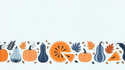Autumnal border with pumpkins, leaves, and freshly baked pumpkin pie. A seasonal Thanksgiving harvest illustration with copy space