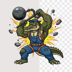 Strong Alligator Mascot Illustration – Muscular Crocodile Construction Worker Swinging Wrecking Ball