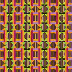 Vibrant Multicolor Geometric Pattern Art Featuring High-Contrast Angular Shapes, Dynamic Symmetry, Bold Optical Motifs, Layered Triangles, Striped Center, and Energetic Abstract Decorative Grid Design