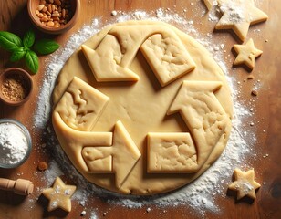 Dough on wood table, cut into recycle symbol, with star-shaped cookies, flour, nuts, & basil in small bowls