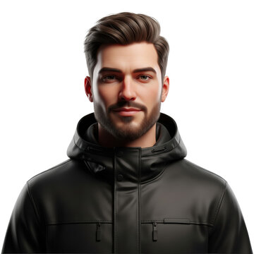 hyperrealistic 3d render of a handsome young caucasian man in a matte black techwear jacket, engaging smile, dramatic rim lighting, isolated on white background. concept for digital avatar branding