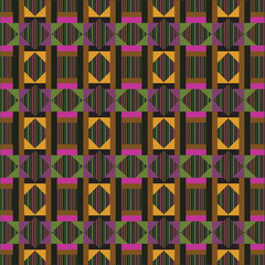Colorful Geometric Seamless Optical Pattern background, Striped Diamonds, Structural Squares, Symmetric Rotational Repeats, Retro Modern Art Motifs, and Intricate Decorative Multilayered Grid Elements