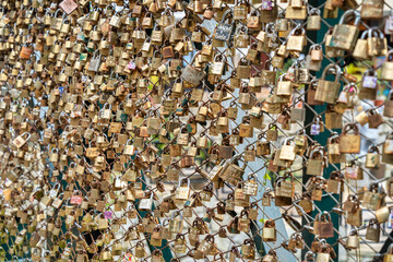Love locks the Puente Peatonal Sinchi Roca, a pedestrian bridge in Aguas Calientes, Peru, also called the Puente del Amor (Bridge of Love).