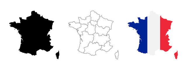 France map silhouette. Black, dotted regional division and French flag-filled country sign. French borders and political boundary symbol. Travel and geography pictogram. National identity illustration © Chelpanoff