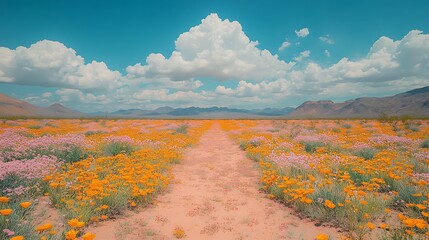 Colorful wildflower path in a sunny field
