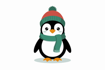 Fototapeta premium A cute penguin wearing a hat and scarf stands on white background