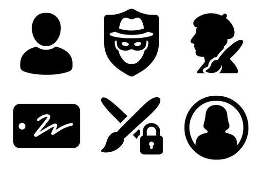 Anonymous Artist Icons. Solid style icons of anonymous digital artists: faceless avatar icon, hidden creator badge, masked painter