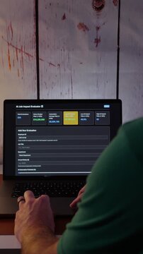 Middle Aged Human Resources Worker Runs Through AI Job Impact Analysis to Calculate Role Effectiveness for Layoffs and to Replace Positions Concept