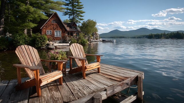 Adirondack chairs are positioned on a dock overlooking a peaceful lake, with a brown cottage visible on the opposite shore.