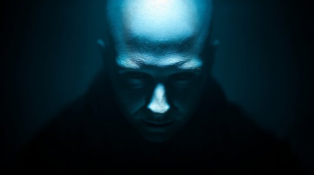 A figure with a shrouded face and pale skin stands in darkness, evoking a sense of mystery and intrigue. The dim lighting highlights a tense yet calm presence