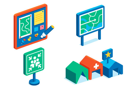 Disaster Preparedness Icons. Isometric vector illustration set Disaster preparedness – community bulletin board, evacuation map,