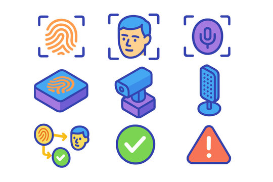 Biometric Authentication Icons. Isometric vector illustration set Biometric authentication &ndash; multi-modal UI, fingerprint plus face