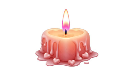 Melting heart shaped candle with a lit wick isolated on transparent background