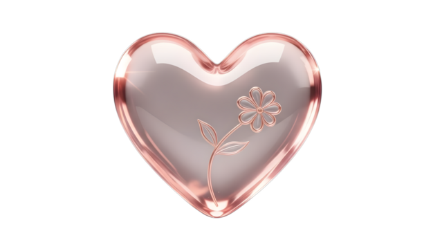 Shiny rose gold heart shape with delicate flower engraving isolated on transparent background