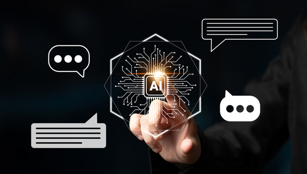 A hand reaches out to a glowing AI symbol surrounded by chat bubbles, illustrating the intersection of technology, communication, and artificial intelligence design concepts. Gantry