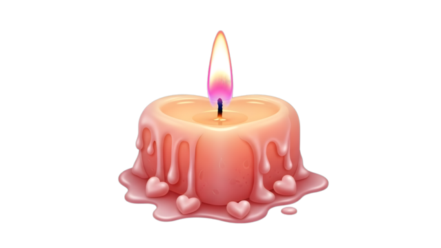 Melting heart shaped candle with a lit wick isolated on transparent background