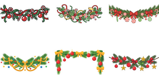 Christmas pixel art borders with fir branches, baubles, candy canes, ribbons, and bows isolated on transparent background