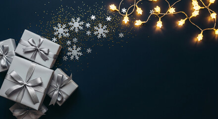 Arrangement of present, snowflake, and light on dark backdrop, showcasing festive holiday scene, embodying celebratory spirit, ideal for seasonal content