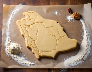 Dough shaped like a country lies on parchment paper dusted with flour, with nuts and baked cookie as decorations
