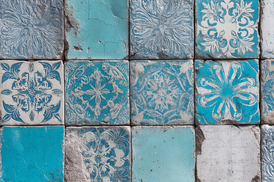 Cracked blue and white tiles with ornate floral patterns