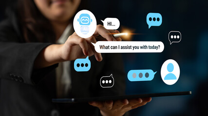 A business professional engages with a chatbot on a tablet, showcasing modern technology for customer service. Explore innovative communication methods today. Gantry