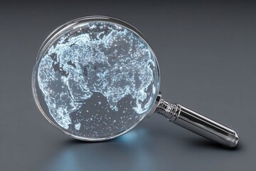 Search symbol with a digital globe inside a magnifying glass showing global connections and network patterns