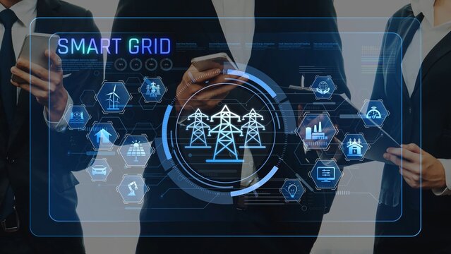 Business professionals engage with smart grid technology, showcasing a modern interface for energy management and data analysis in a collaborative work environment. Raster - Powered by Adobe