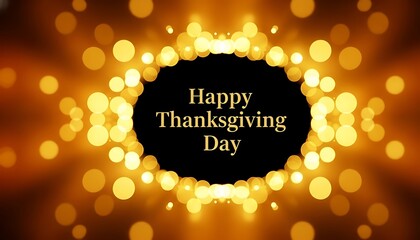 Elegant Happy Thanksgiving Day greeting on a dark background surrounded by warm, glowing golden bokeh lights for a festive holiday