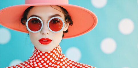 Stylish woman in wide brim pink hat and round red sunglasses. Retro 60s fashion concept with polka dots