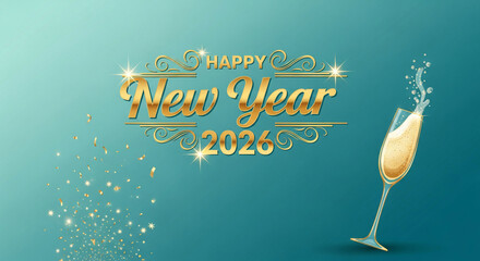 Graphic of golden text "Happy New Year 2026", glass of champagne, confetti against blue backdrop, representing celebration, event, and festive greeting